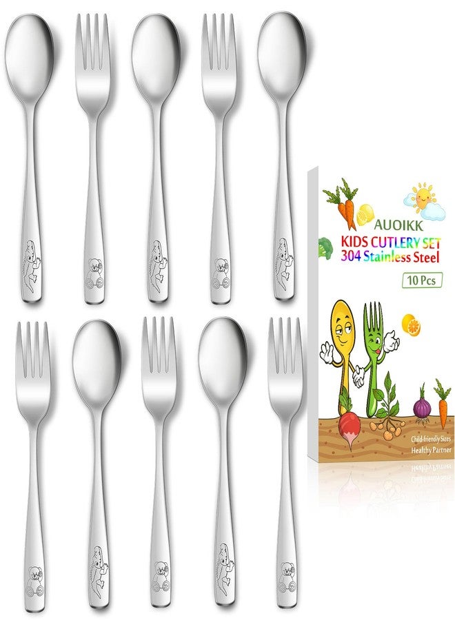 AUOIKK 10-Piece Toddler Flatware, Kids Utensils Stainless Steel Cutlery Set, Children Safe Spoons and Forks with Ergonomic Handle, Easy to use and Dishwasher Safe (Crocodile and Bear) - Image 1